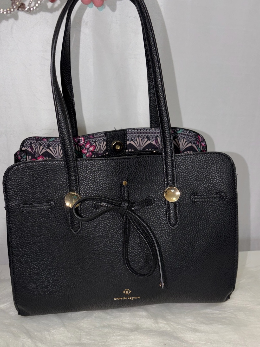 Nanette Lepore Black Pebbled Leather Tote with Floral Liner
